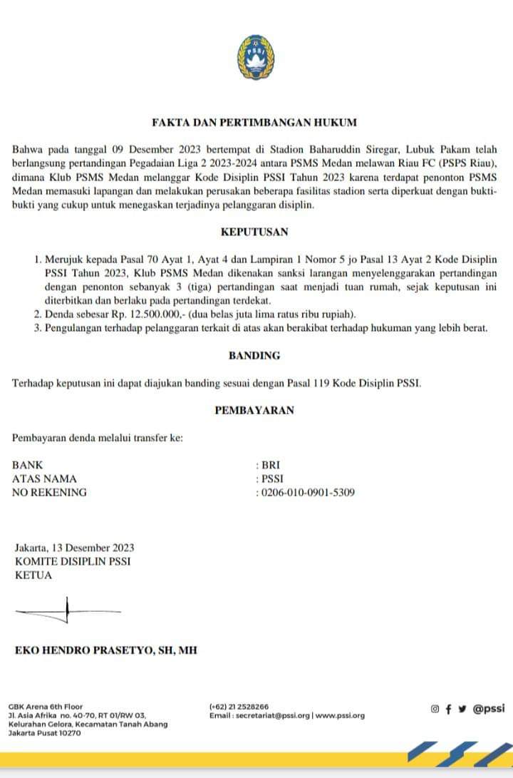 Manajemen PSMS Banding, Sanksi Komdis PSSI 3 Laga Kandang Tanpa Penonton