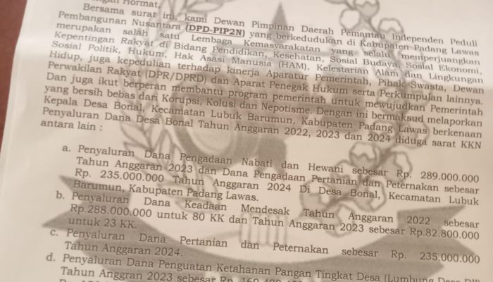 DPD PIP2N Kab. Palas Laporkan Dugaan Penyalahgunaan Dana Desa Bonal Ke Kejari Palas