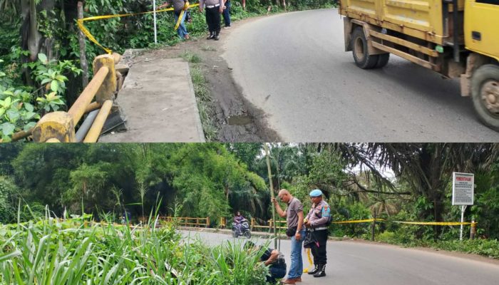 Antisipasi Laka Lantas, Polsek Sosa Lakukan Pemasangan Garis Polisi di lokasi Jembatan Longsor